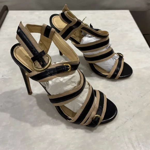 Rousseau Tan and Black Leather Strappy Bandage Heels Sandals size 40 EU