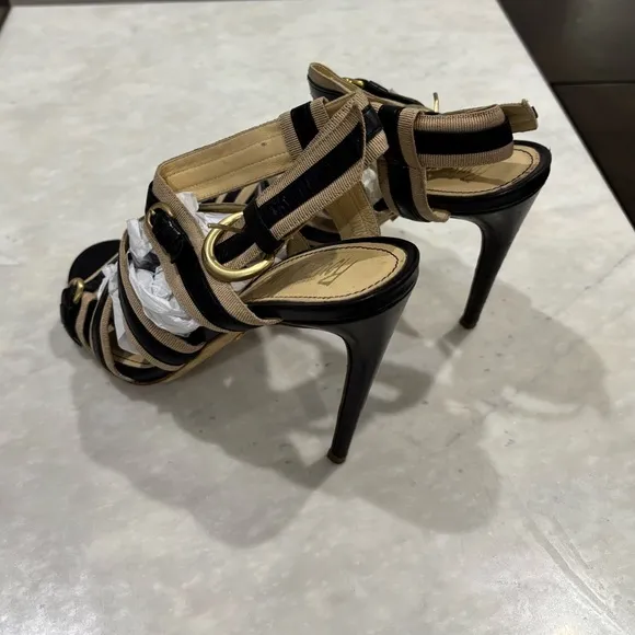 Rousseau Tan and Black Leather Strappy Bandage Heels Sandals size 40 EU