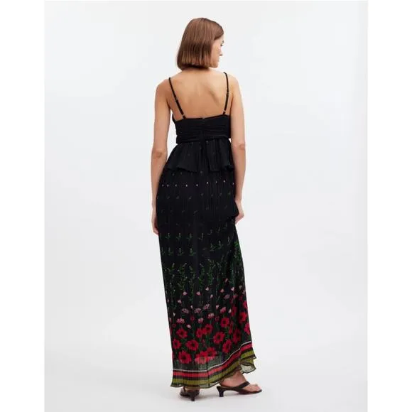 Sabina Musayev Selina Floral Pleated Chiffon Peplum Maxi Dress Women's Large