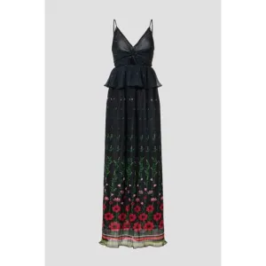 Sabina Musayev Selina Floral Pleated Chiffon Peplum Maxi Dress Women's Large