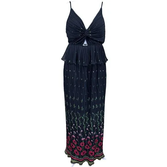Sabina Musayev Selina Floral Pleated Chiffon Peplum Maxi Dress Women's Large
