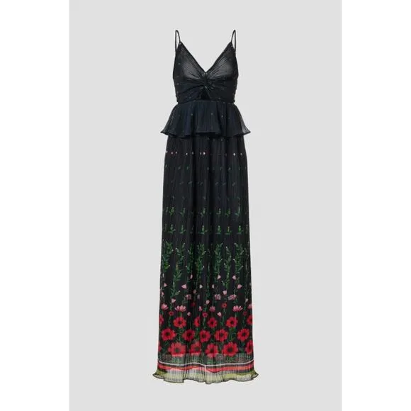 Sabina Musayev Selina Floral Pleated Chiffon Peplum Maxi Dress Women's Large