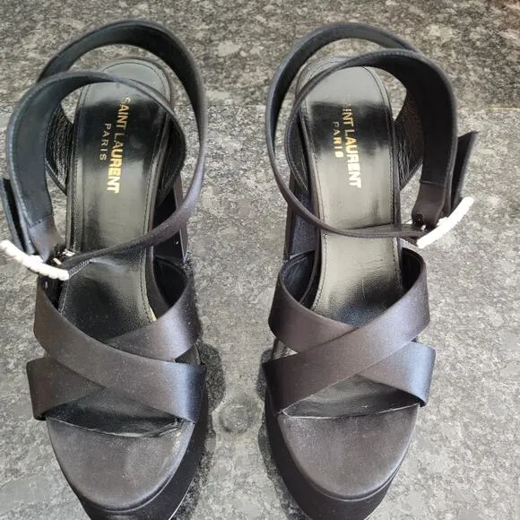 SAINT LAURENT Bianca Platform Sandals in Satin Crepe Black size 38  US 8