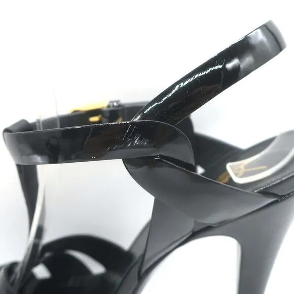 Saint Laurent Tribute T-Strap Platform Sandals Black Patent Leather Size 36