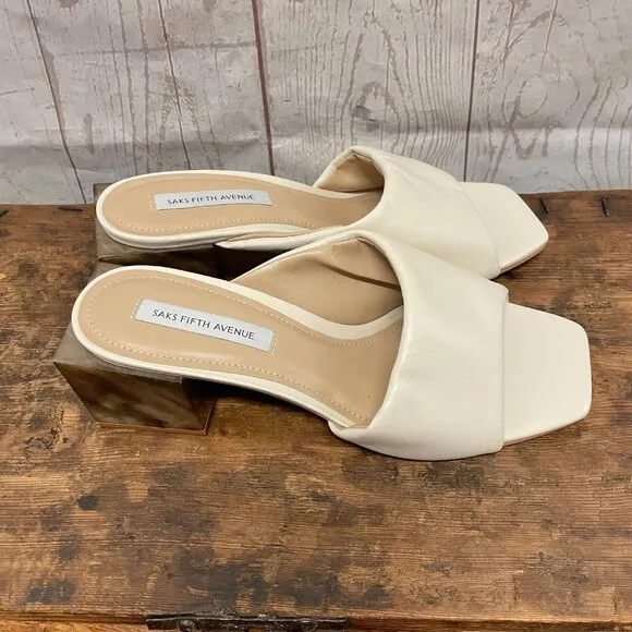 Saks 5th Avenue Mestico Marble Block Heel Leather Sandals New/ No Box