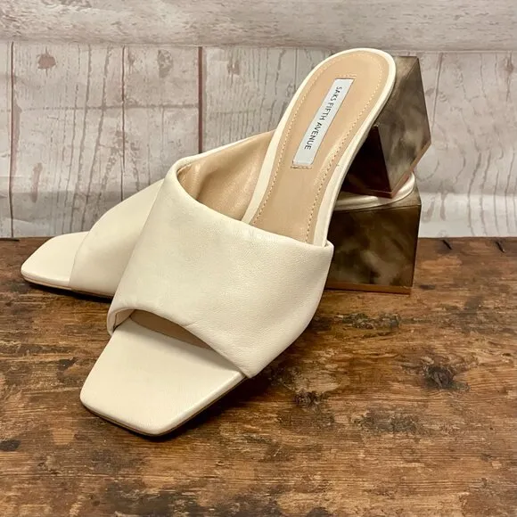 Saks 5th Avenue Mestico Marble Block Heel Leather Sandals New/ No Box