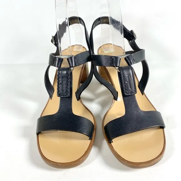 Salvatore Ferragamo Black Leather Peria T-Strap City Sandals Block Heel size 7