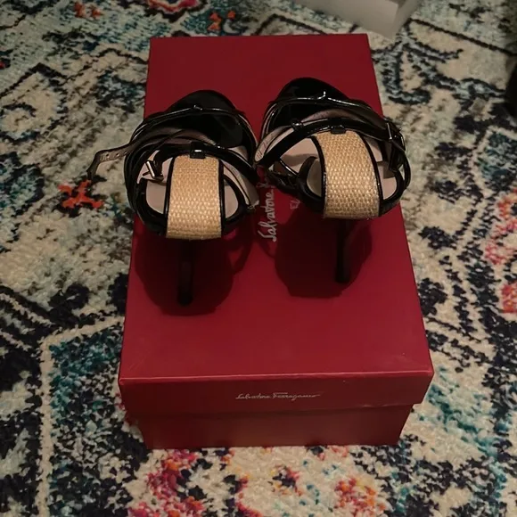 Salvatore Ferragamo Black Patent Grisbi Raffia High Heel Sandals w Dusters
