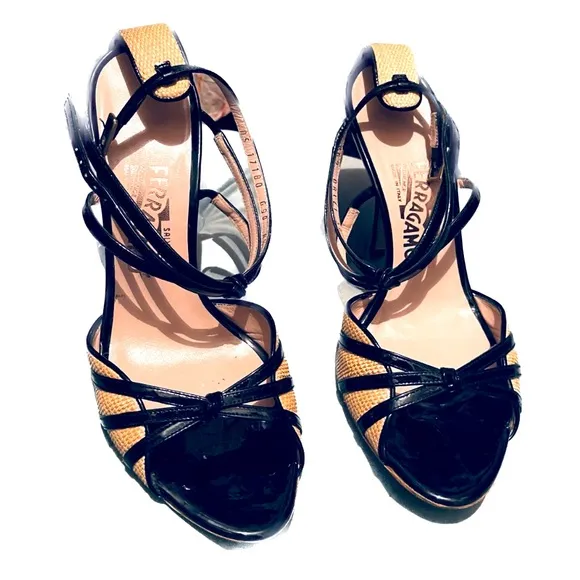 Salvatore Ferragamo Black Patent Grisbi Raffia High Heel Sandals w Dusters