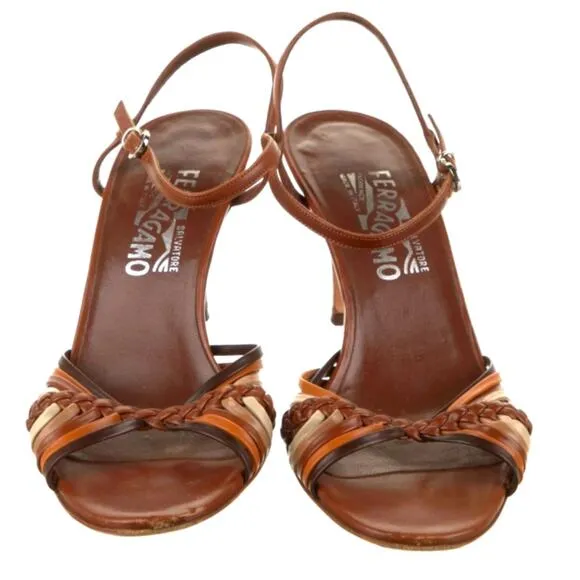 Salvatore Ferragamo Brown Leather Boho Ankle Strap Sandals Size 7.5