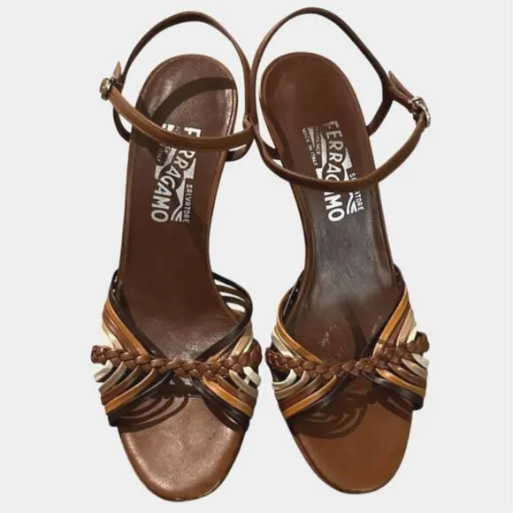Salvatore Ferragamo Brown Leather Boho Ankle Strap Sandals Size 7.5
