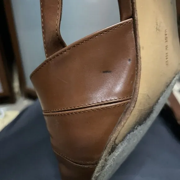 Salvatore Ferragamo Brown Leather Peep Toe Slingback Kitten Heel Sandals Shoes 9