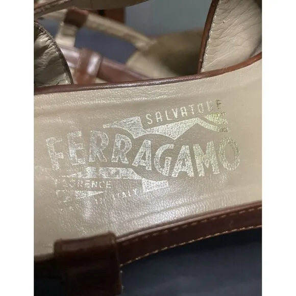 Salvatore Ferragamo Brown Leather Peep Toe Slingback Kitten Heel Sandals Shoes 9