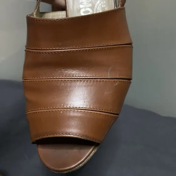 Salvatore Ferragamo Brown Leather Peep Toe Slingback Kitten Heel Sandals Shoes 9