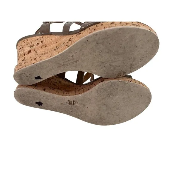 Salvatore Ferragamo Brown Patent Leather Cork Wedge Sandals Adjustable 9.5