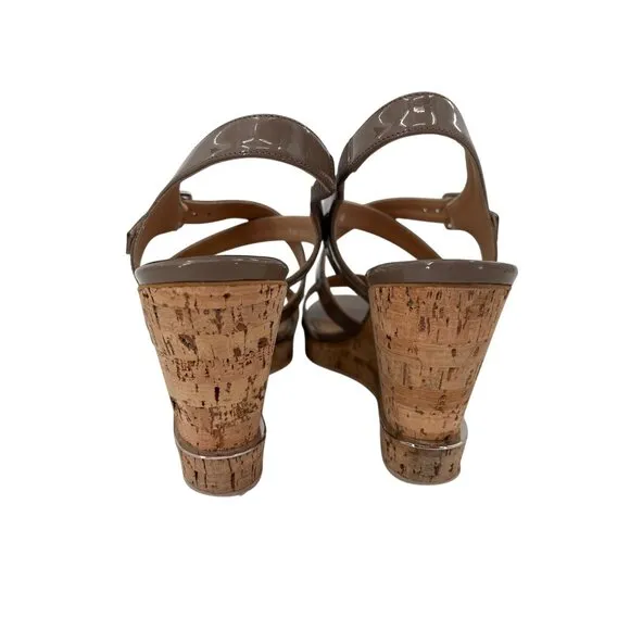 Salvatore Ferragamo Brown Patent Leather Cork Wedge Sandals Adjustable 9.5