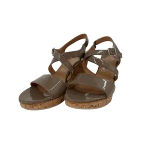 Salvatore Ferragamo Brown Patent Leather Cork Wedge Sandals Adjustable 9.5