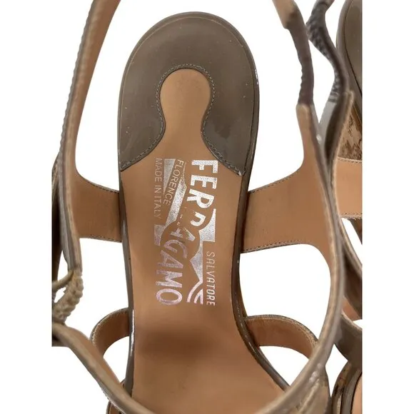 Salvatore Ferragamo Brown Patent Leather Cork Wedge Sandals Adjustable 9.5