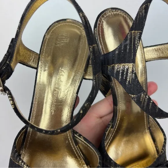 Salvatore Ferragamo Golden Metallic Stripe Bow Logo Detail Sandals