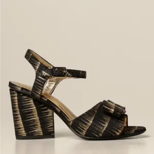 Salvatore Ferragamo Golden Metallic Stripe Bow Logo Detail Sandals