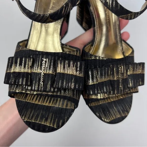 Salvatore Ferragamo Golden Metallic Stripe Bow Logo Detail Sandals