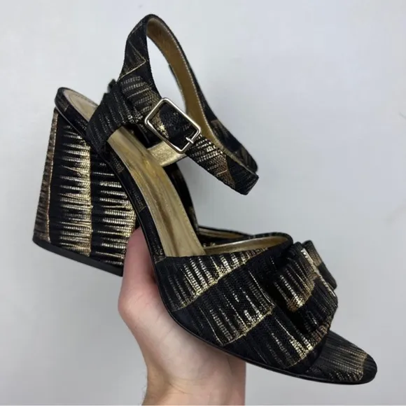 Salvatore Ferragamo Golden Metallic Stripe Bow Logo Detail Sandals