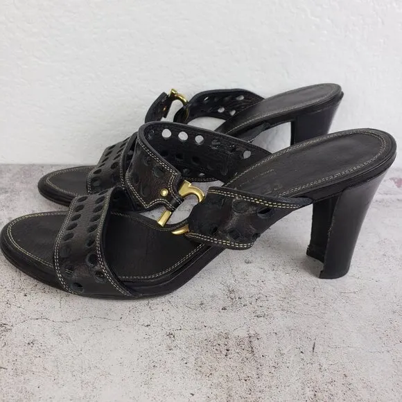 Salvatore Ferragamo Perforated Black Leather Slide Sandals size 8