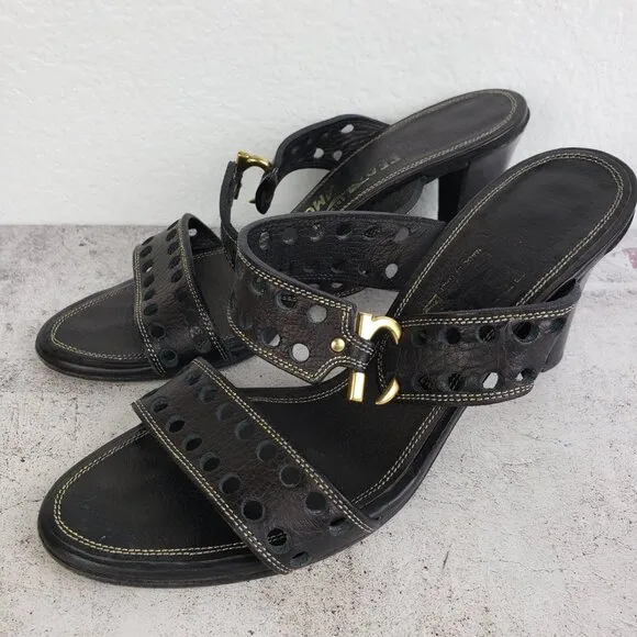 Salvatore Ferragamo Perforated Black Leather Slide Sandals size 8
