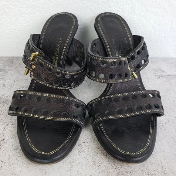 Salvatore Ferragamo Perforated Black Leather Slide Sandals size 8