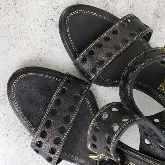 Salvatore Ferragamo Perforated Black Leather Slide Sandals size 8