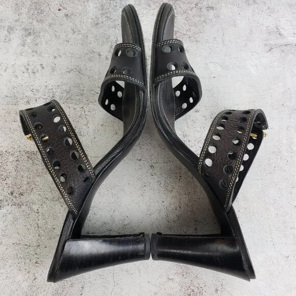 Salvatore Ferragamo Perforated Black Leather Slide Sandals size 8