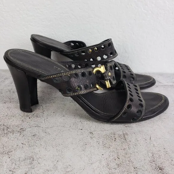 Salvatore Ferragamo Perforated Black Leather Slide Sandals size 8
