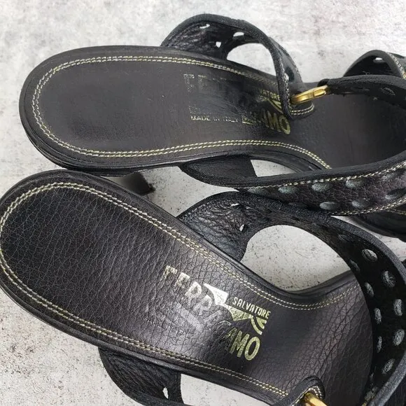Salvatore Ferragamo Perforated Black Leather Slide Sandals size 8