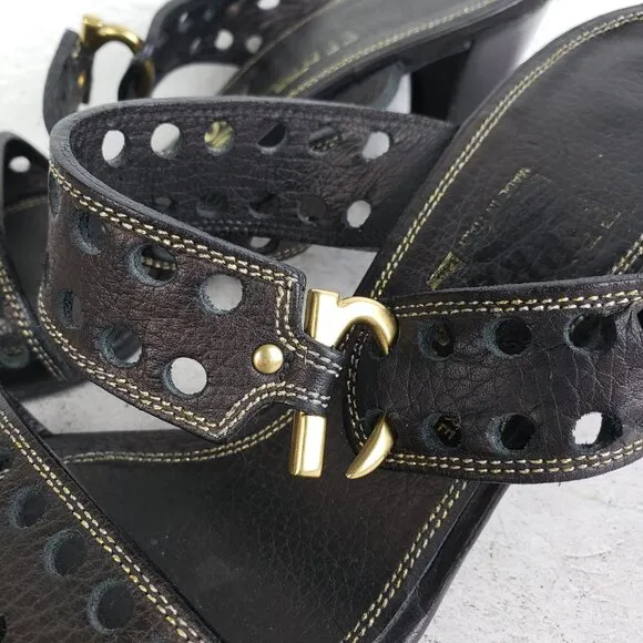 Salvatore Ferragamo Perforated Black Leather Slide Sandals size 8