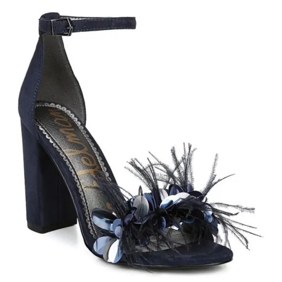 Sam Edelman Black Feather Embellished Leather &amp; Suede High-Heel Sandals