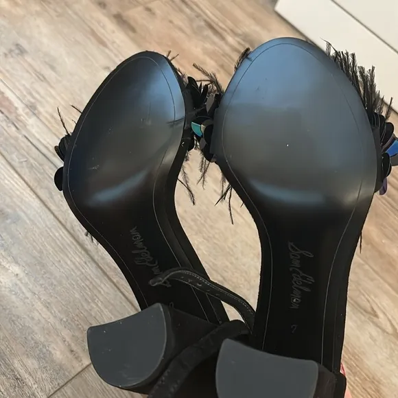 Sam Edelman Black Feather Embellished Leather &amp; Suede High-Heel Sandals