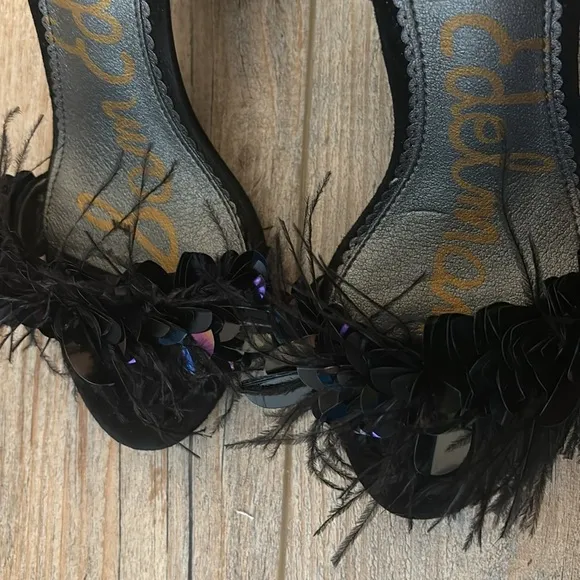 Sam Edelman Black Feather Embellished Leather &amp; Suede High-Heel Sandals