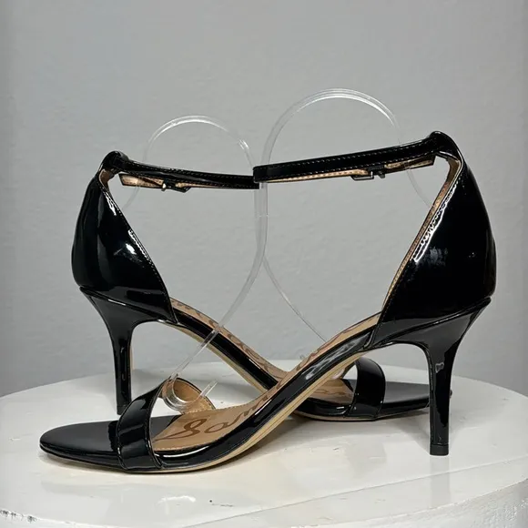 SAM EDELMAN BLACK PATENT PATTI ANKLE STRAP HEELED OPEN TOE SANDALS **NWT**
