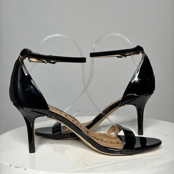 SAM EDELMAN BLACK PATENT PATTI ANKLE STRAP HEELED OPEN TOE SANDALS **NWT**
