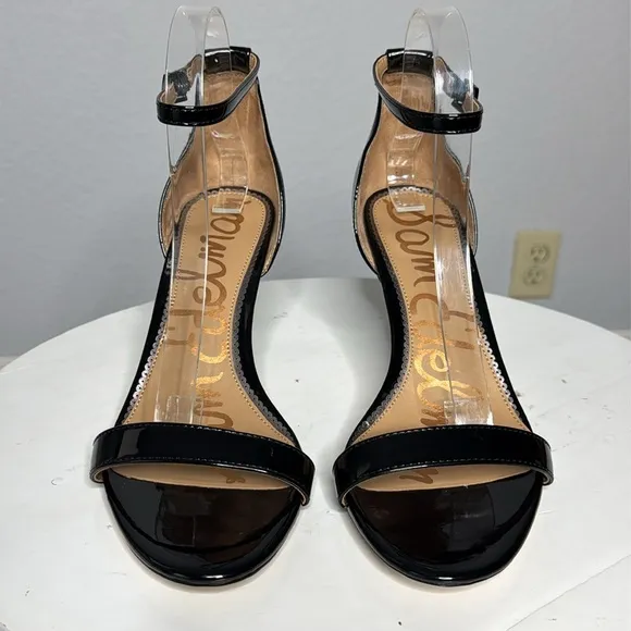 SAM EDELMAN BLACK PATENT PATTI ANKLE STRAP HEELED OPEN TOE SANDALS **NWT**