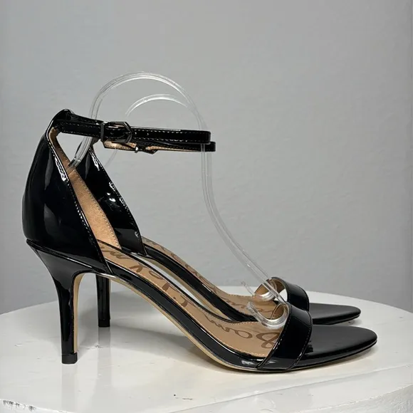 SAM EDELMAN BLACK PATENT PATTI ANKLE STRAP HEELED OPEN TOE SANDALS **NWT**