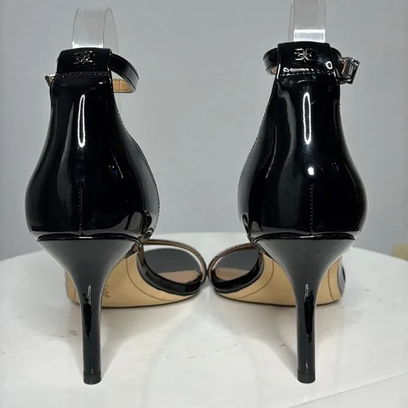 SAM EDELMAN BLACK PATENT PATTI ANKLE STRAP HEELED OPEN TOE SANDALS **NWT**
