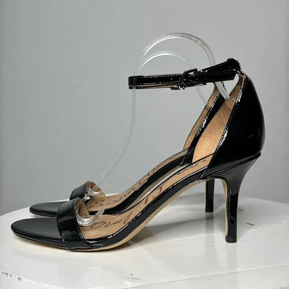 SAM EDELMAN BLACK PATENT PATTI ANKLE STRAP HEELED OPEN TOE SANDALS **NWT**