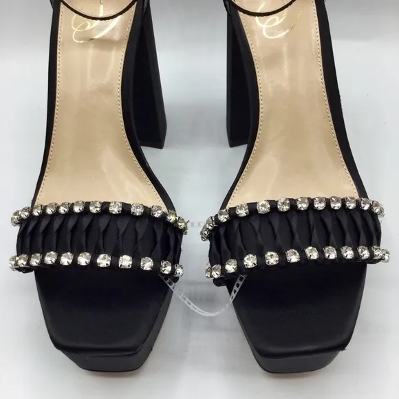 SAM Edelman Black Satin NINETTE RHINESTONE PLATFORM HEEL Size 8.5