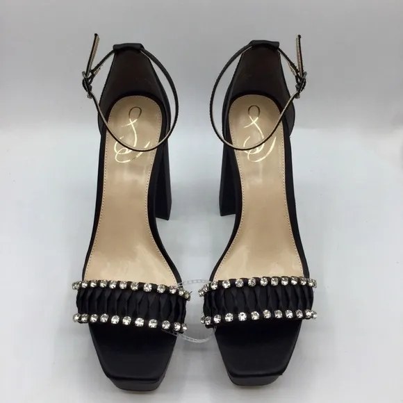 SAM Edelman Black Satin NINETTE RHINESTONE PLATFORM HEEL Size 8.5