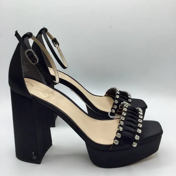 SAM Edelman Black Satin NINETTE RHINESTONE PLATFORM HEEL Size 8.5