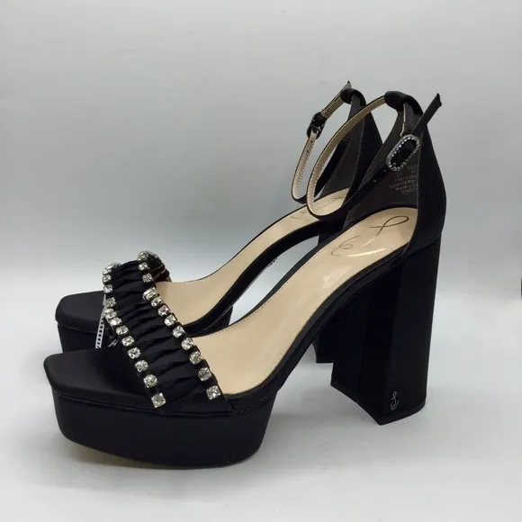 SAM Edelman Black Satin NINETTE RHINESTONE PLATFORM HEEL Size 8.5