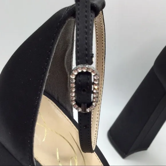 SAM Edelman Black Satin NINETTE RHINESTONE PLATFORM HEEL Size 8.5
