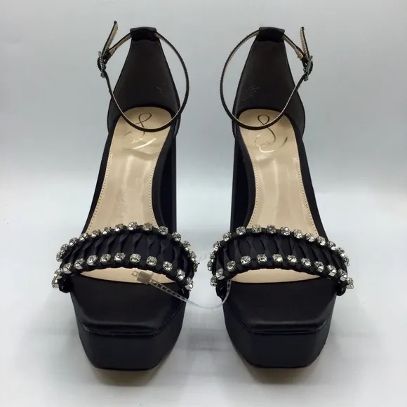 SAM Edelman Black Satin NINETTE RHINESTONE PLATFORM HEEL Size 8.5