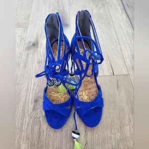SAM EDELMAN BLUE COLOR SUEDE HEELS. SUEDE LACE UP WITH ZIPPERED BACK SIZE 9.